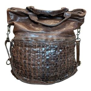 LANGELLOTTI MADE IN ITALY LEATHER WOVEN CONVERTIBLE BACKPACK TOTE BAG CUOIO
